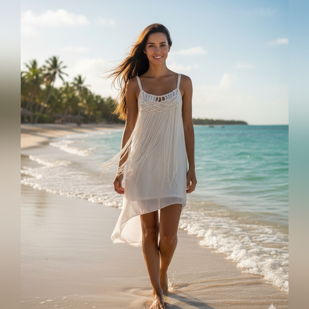 Italian Silk Dress, Ivory/ White, Crochet Design L